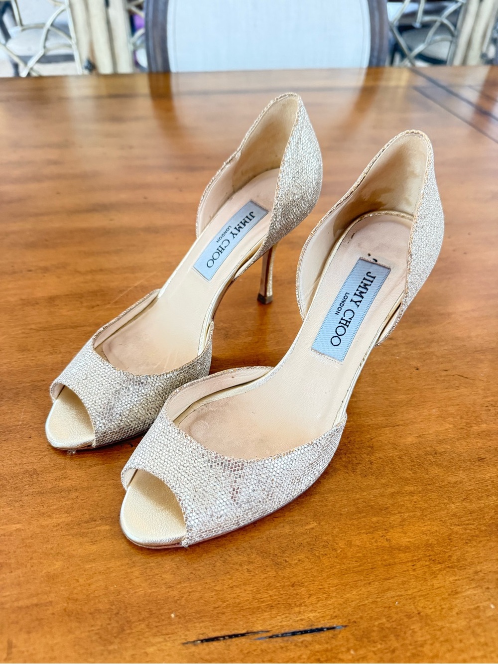 Jimmy Choo Champagne Glitter Peep-Toe Stilettos